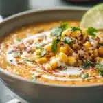 Bowl of creamy Mexican street corn chili topped with cheese