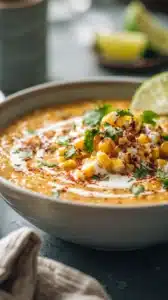 Bowl of creamy Mexican street corn chili topped with cheese