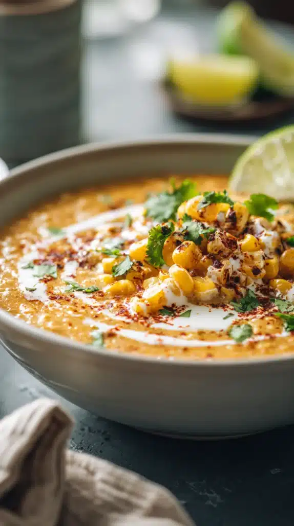 Bowl of creamy Mexican street corn chili topped with cheese