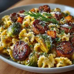 Bowl of creamy autumn sausage pasta with roasted squash
