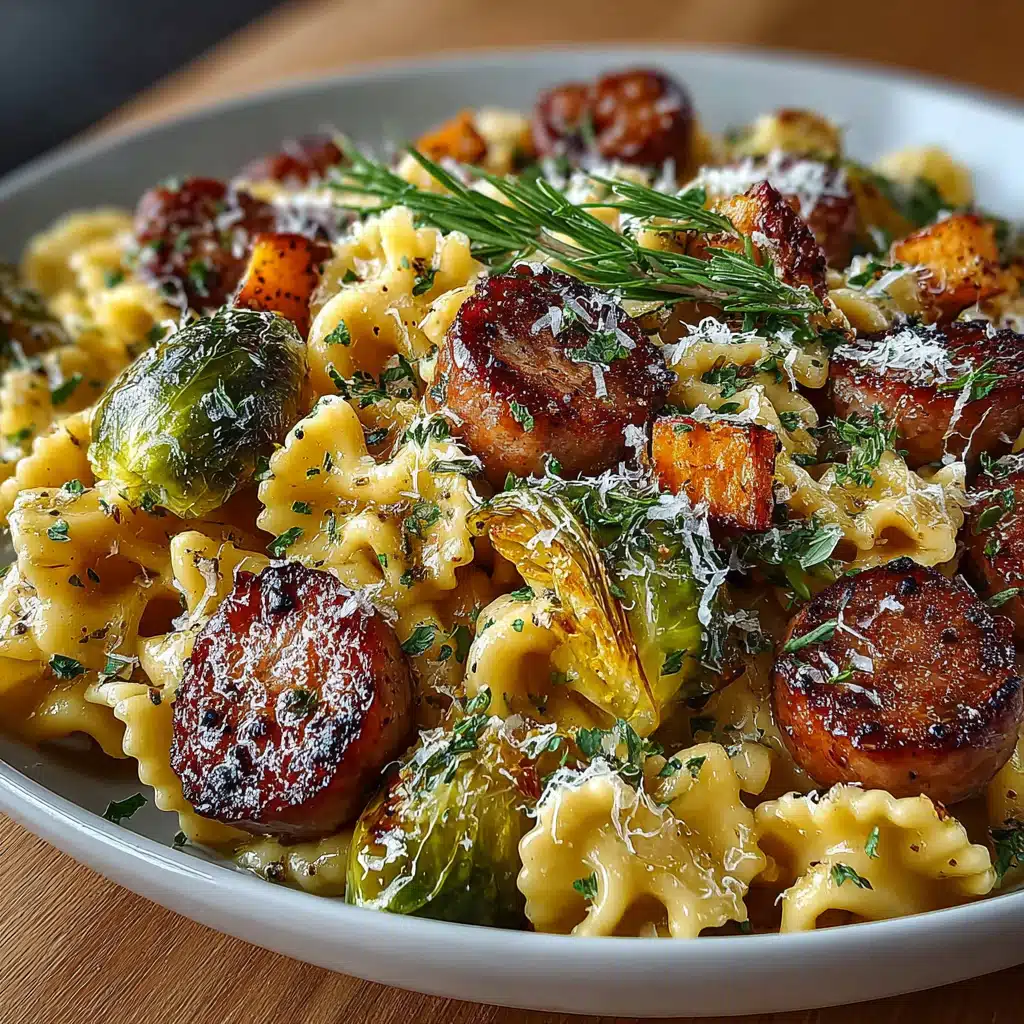 Bowl of creamy autumn sausage pasta with roasted squash