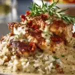 Creamy smothered chicken with rice served in plate