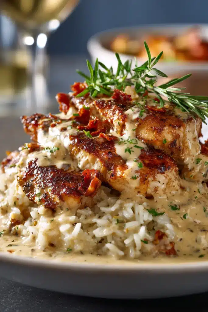 Creamy smothered chicken with rice served in plate