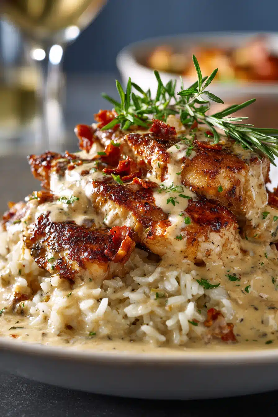 Creamy smothered chicken with rice served in plate