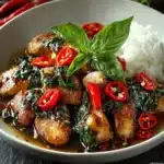 Plate of juicy spicy Thai basil chicken with fresh basil