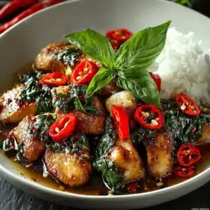 Plate of juicy spicy Thai basil chicken with fresh basil