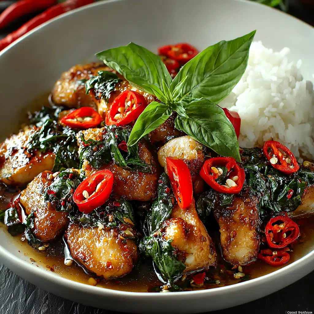 Plate of juicy spicy Thai basil chicken with fresh basil