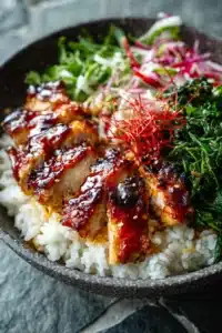 BBQ chicken glazed in sticky honey sauce over rice bowls