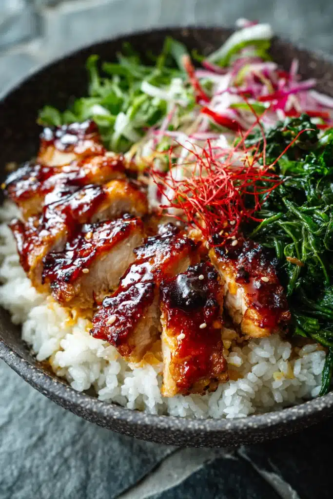 BBQ chicken glazed in sticky honey sauce over rice bowls
