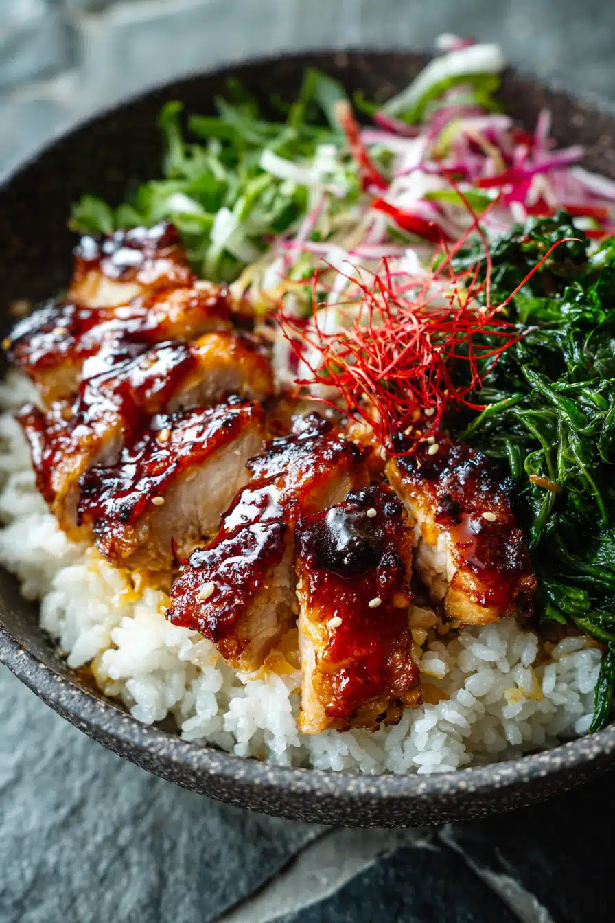 BBQ chicken glazed in sticky honey sauce over rice bowls