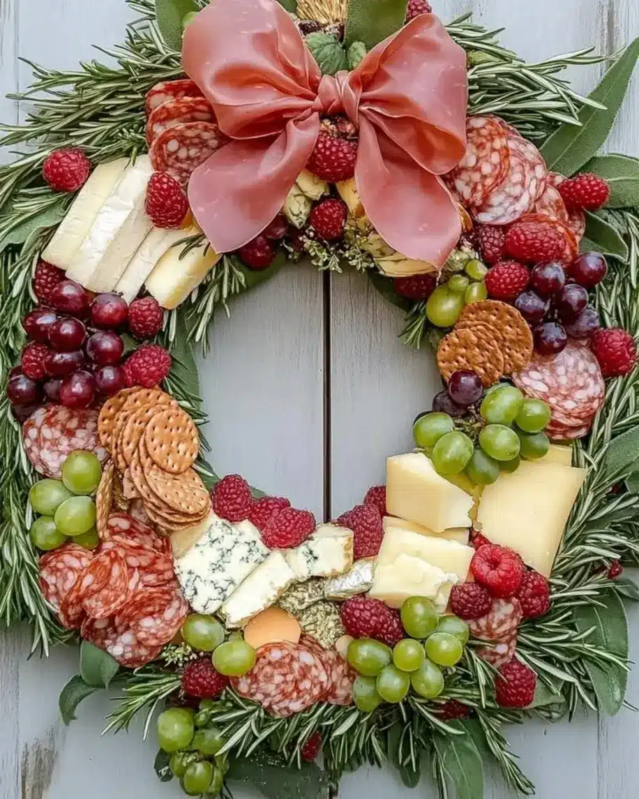 Holiday Charcuterie Wreath with Cheeses Fresh Fruits