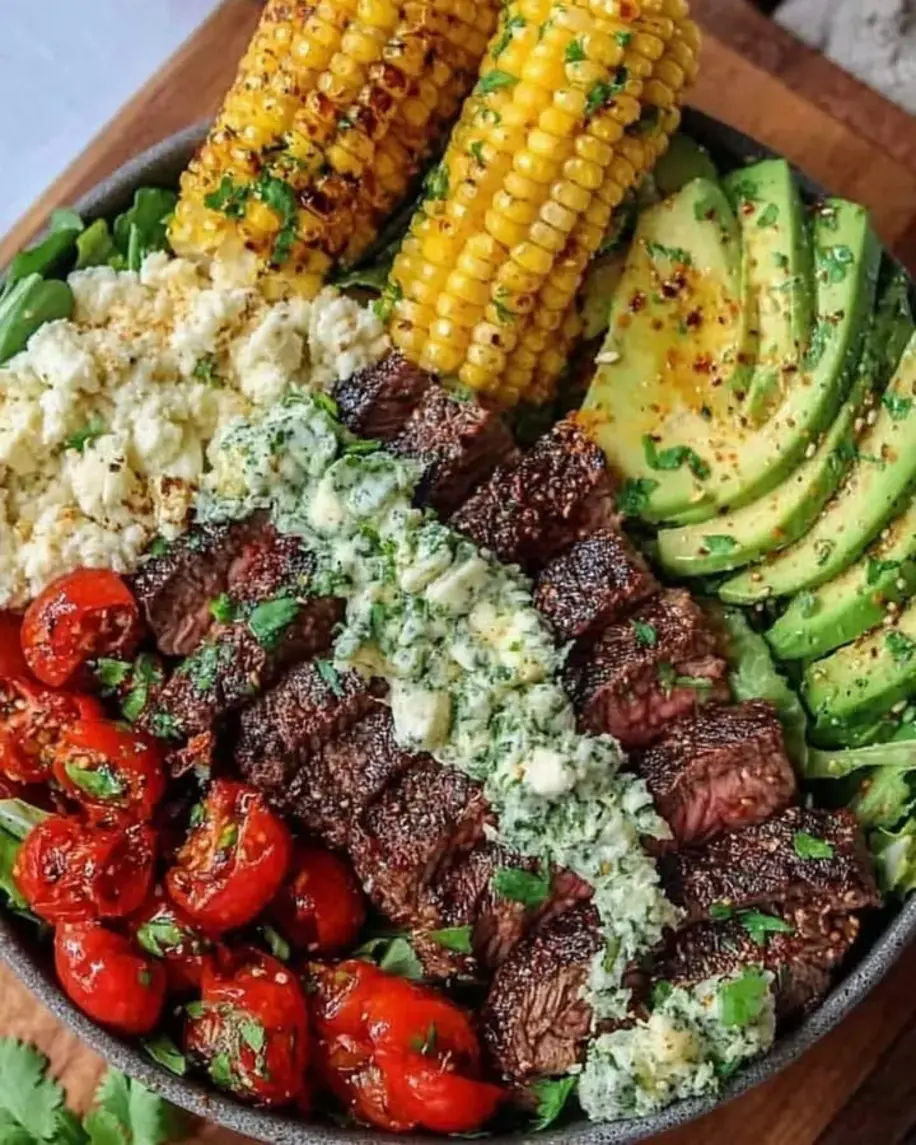 Steak Avocado and Roasted Corn Bowl with Cilantro Cream Sauce
