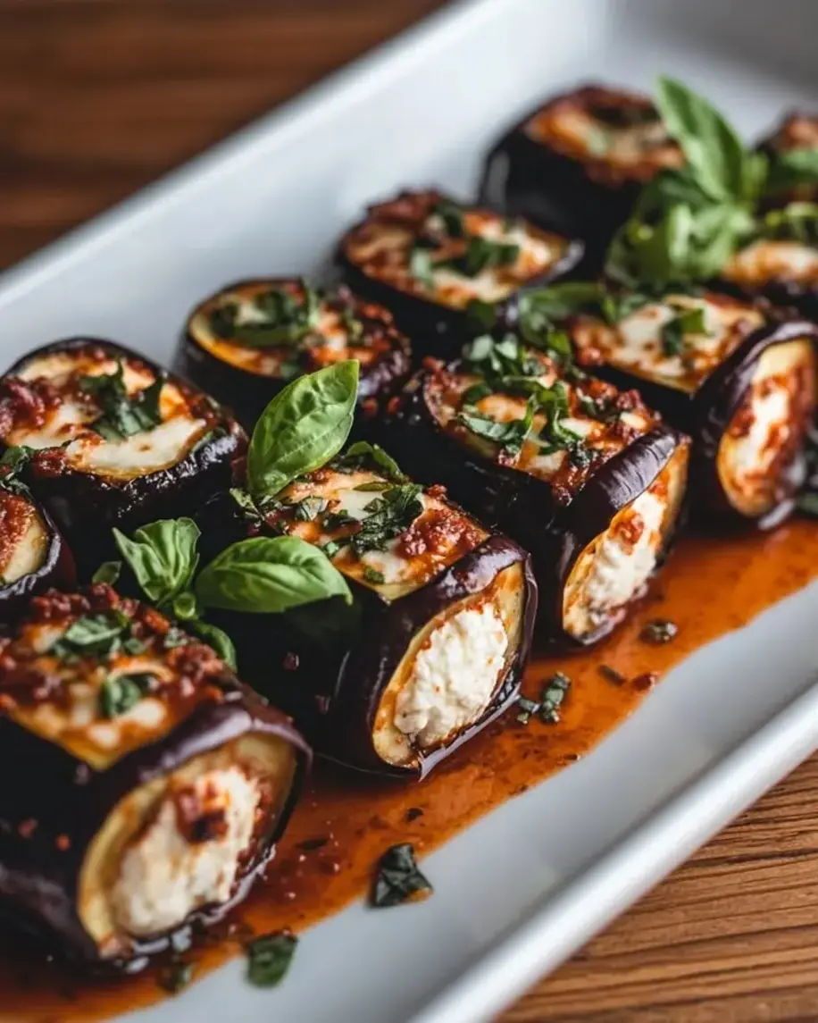 Eggplant Herb Ricotta Rolls with Sun Dried Tomato Sauce