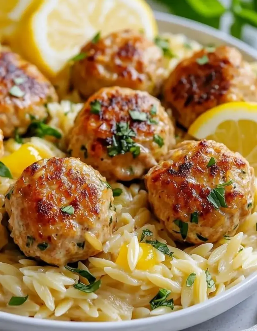 Lemon Garlic Chicken Meatballs with Creamy Orzo