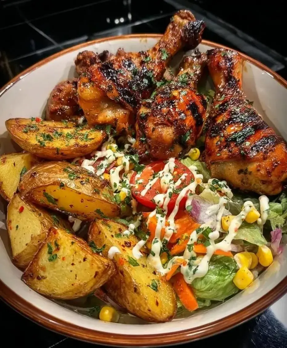 Grilled Chicken Bowl with Crispy Potatoes Dressed Salad