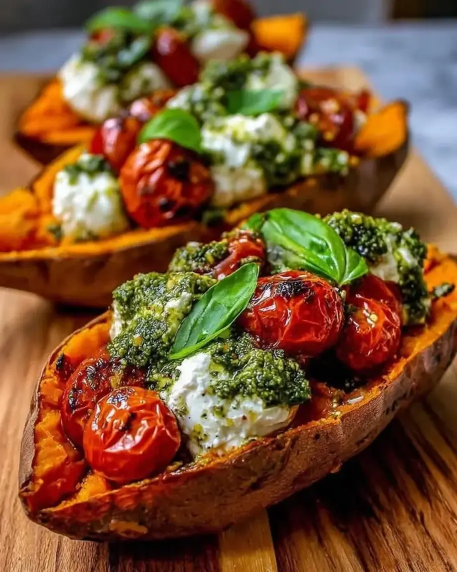 Roasted Sweet Potatoes Stuffed with Ricotta Cherry Tomatoes Pesto