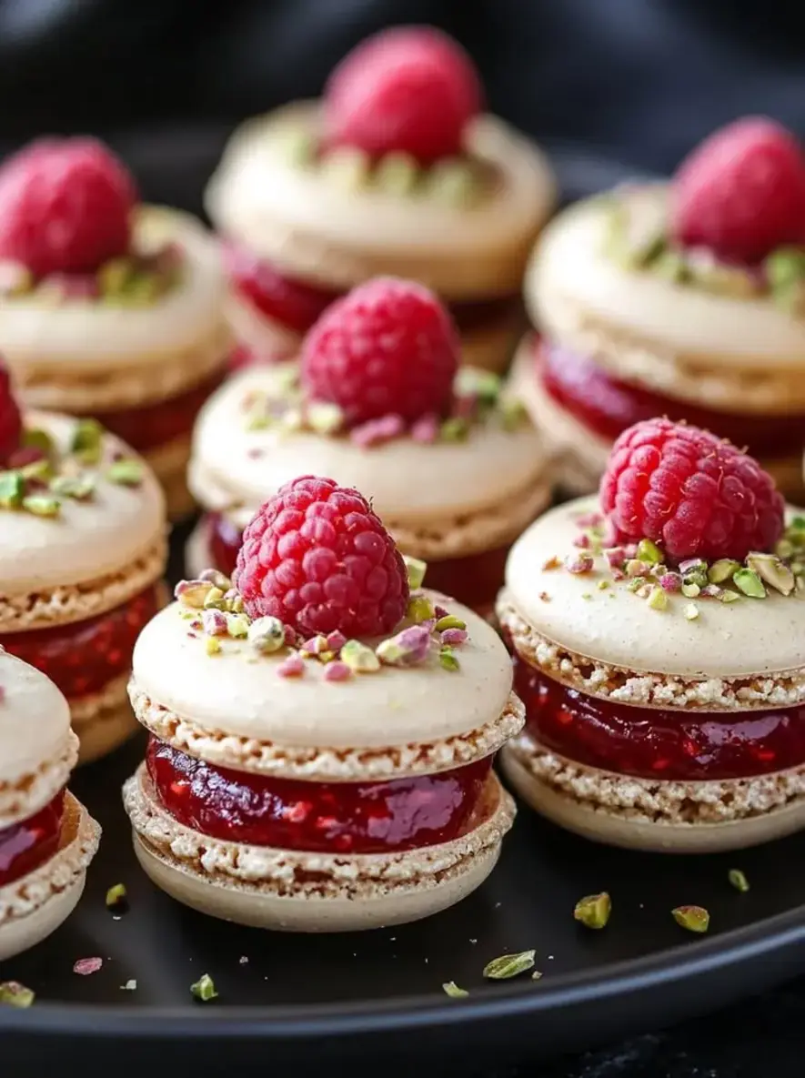 Pistachio Hued Raspberry Macarons with Silk Buttercream Jewel Like Toppings