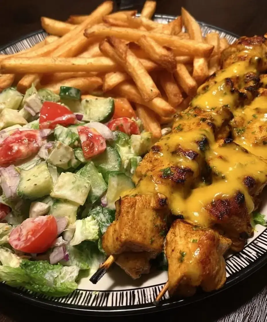 Cheesy Chicken Skewers with Fries Chopped Salad