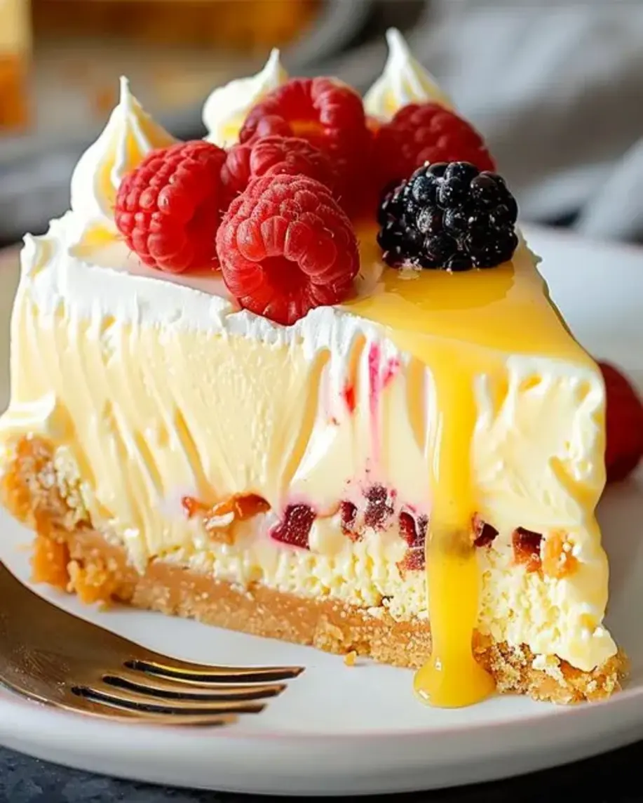 Luscious Mixed Berry and Vanilla Cheesecake with Lemon Drizzle