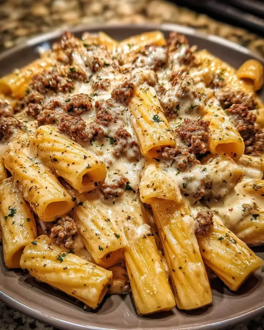 Mozzarella Beef and Rigatoni in Garlic Herb Cream Sauce