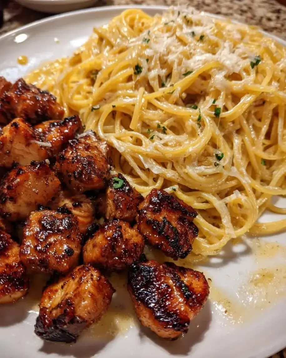 Creamy Garlic Butter Chicken Bites with Parmesan Spaghetti