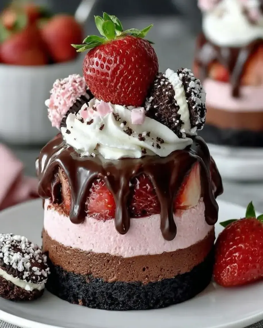 Chocolate Strawberry Mousse Cheesecake Towers Chocolate strawberries cheesecake and mousse stacked high for serious wow factor Tag a friend whod love this for Valentines