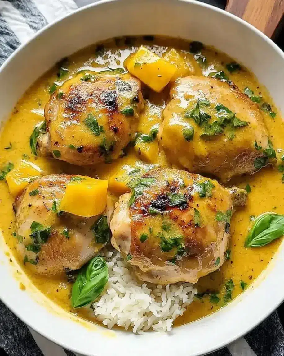 Juicy Mango Glazed Chicken Thighs with a Creamy Basil Coconut Sauce