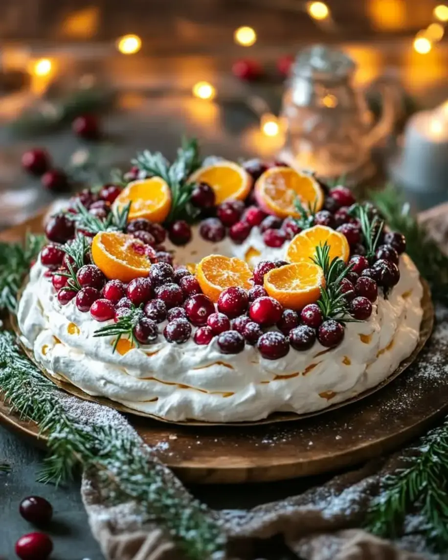 Cranberry Orange Pavlova Wreath with Rosemary Sprigs