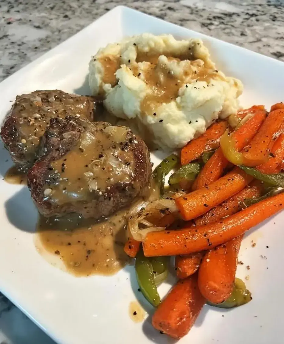 Smothered Beef Chops with Mashed Potatoes Roasted Carrots