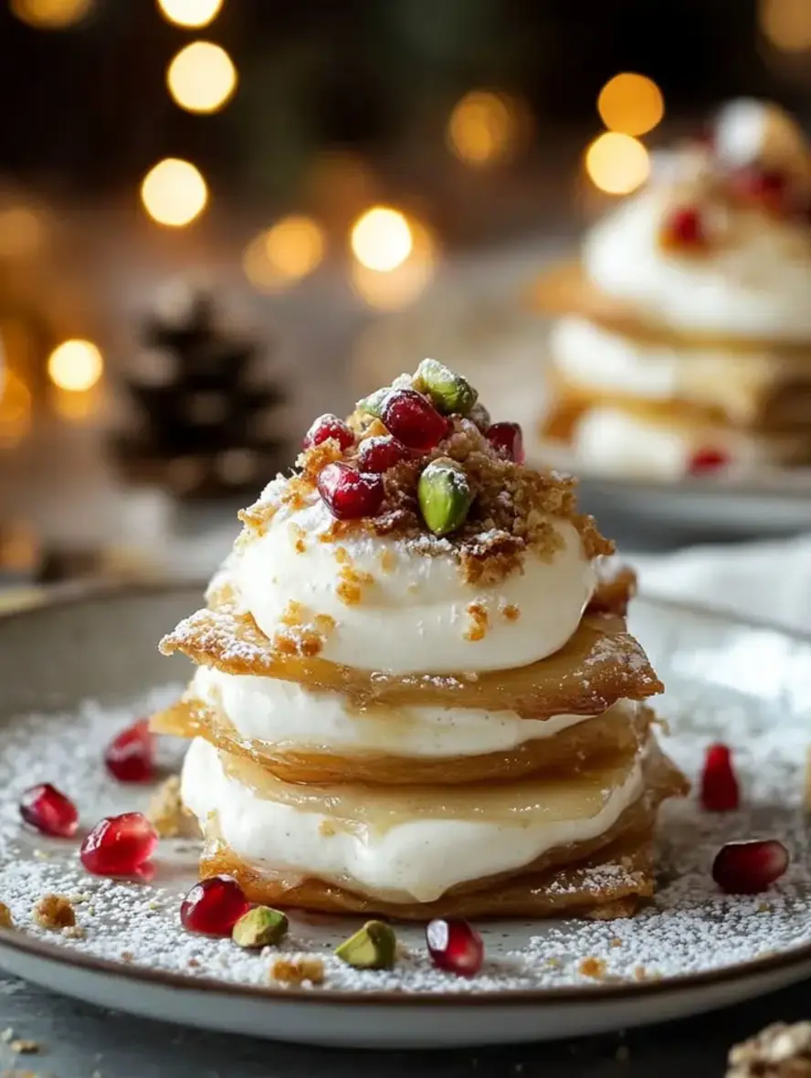 Pear Cream Holiday Stacks with Pomegranate and Pistachio Garnish