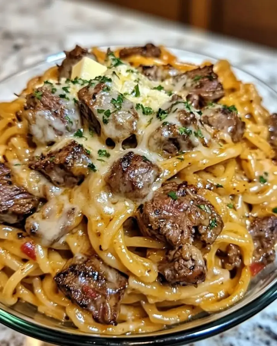 Cheesy Steak Bites Caramelized Onion Linguine