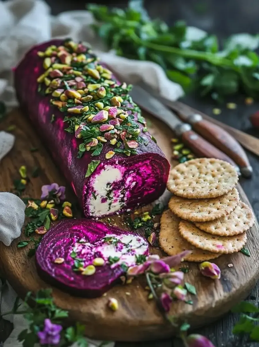 Magenta Jewel Goat Cheese Log with Roasted Beet Swirl Pistachio Crust
