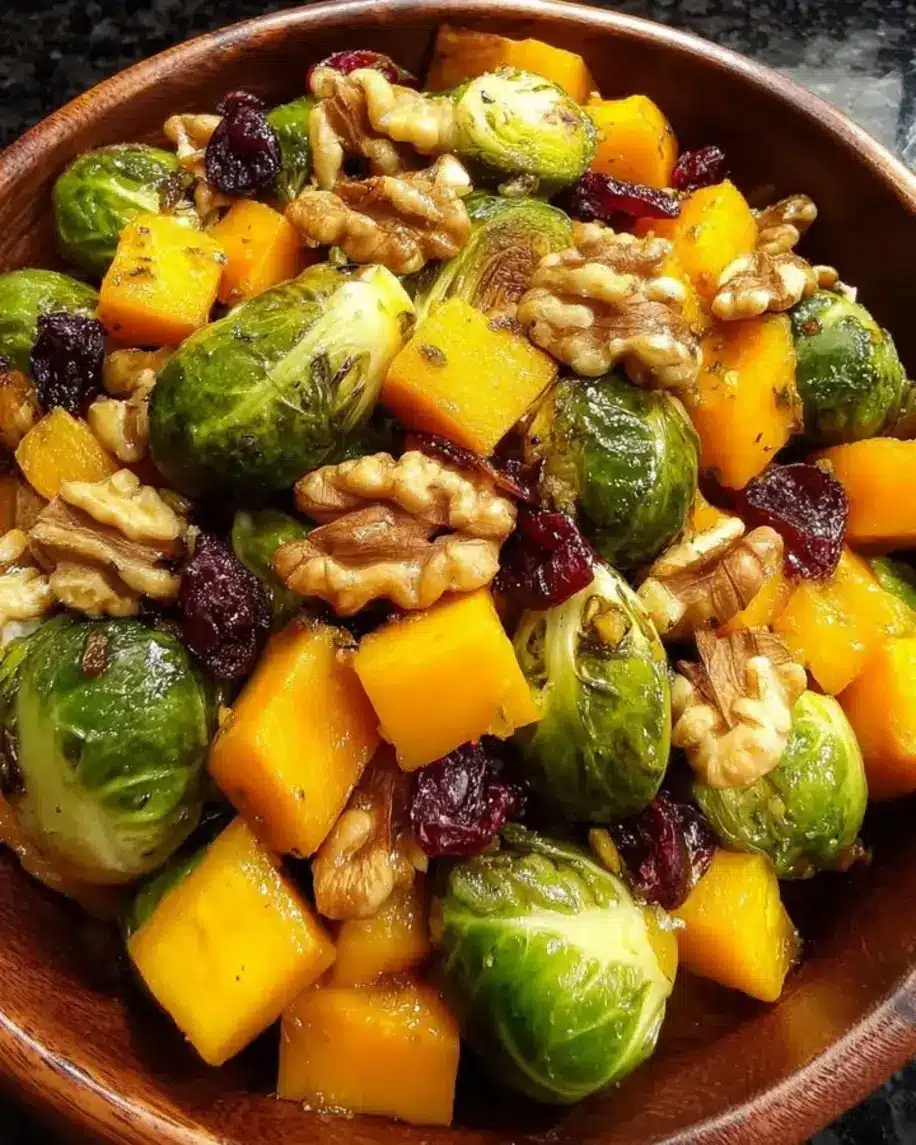 Brussels Sprouts Roasted Butternut Squash with Cranberry Glaze