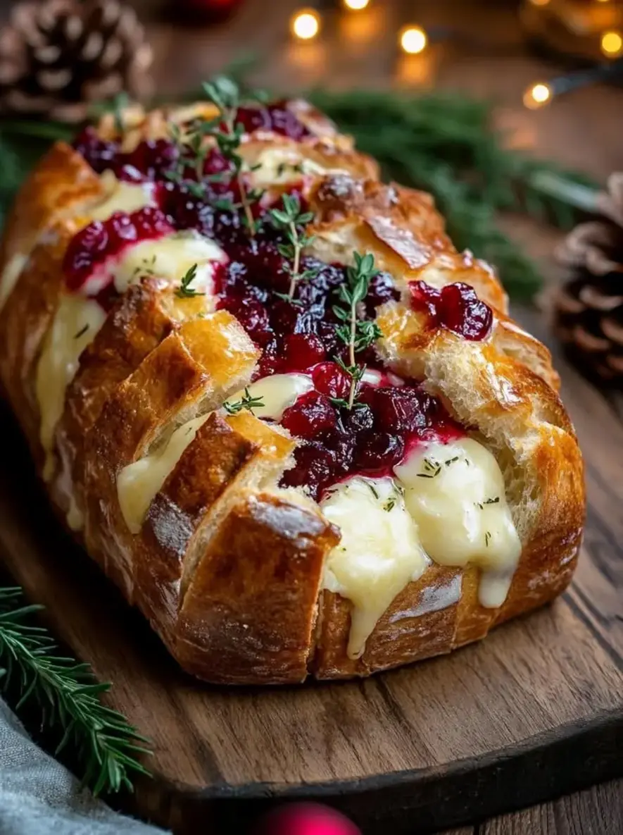 A rustic sourdough loaf scored into a pull apart pattern filled with rich Brie cheese vibrant cranberry sauce and brushed with aromatic garlic herb butter before baking to golden melty perfection