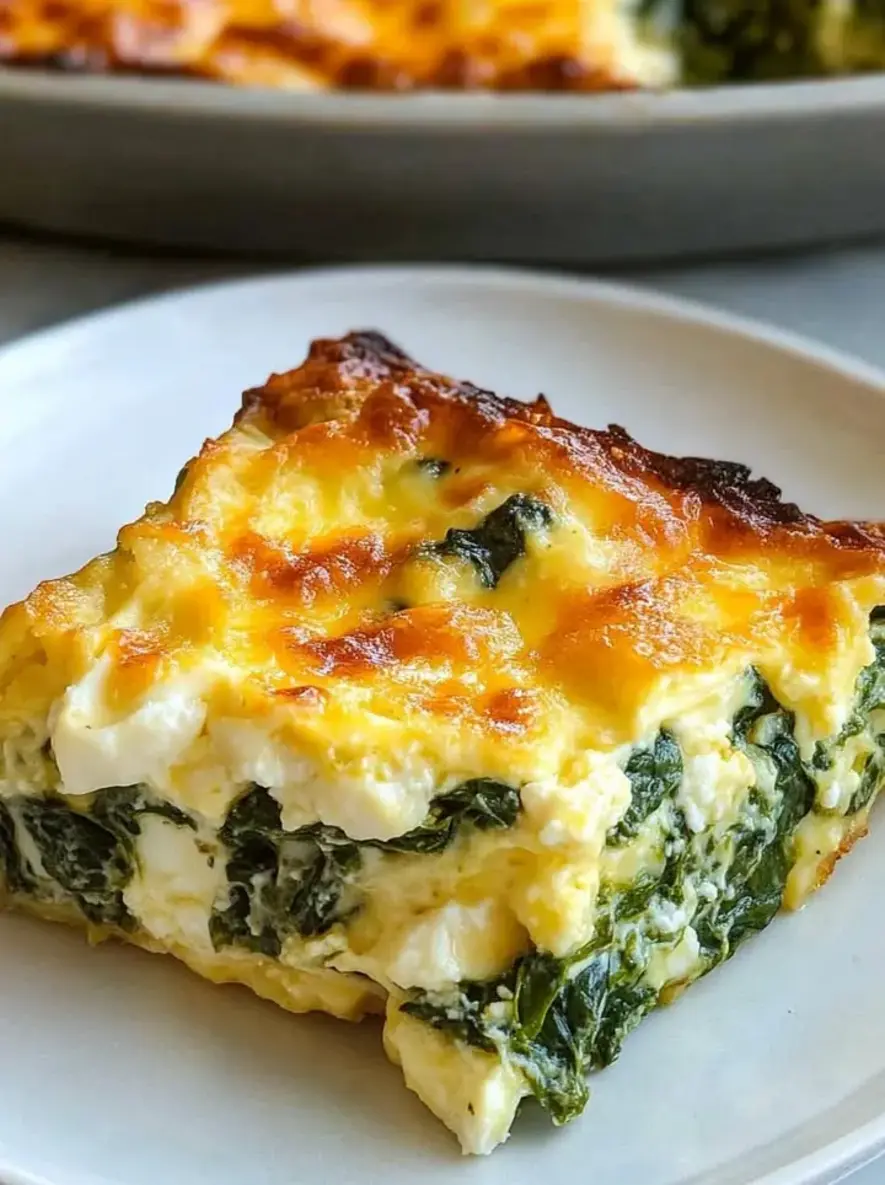 Golden Baked Spinach Mozzarella Feta Egg Casserole Slice