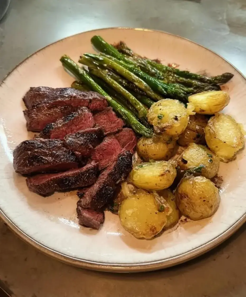 Grilled Steak with Smashed Potatoes Asparagus