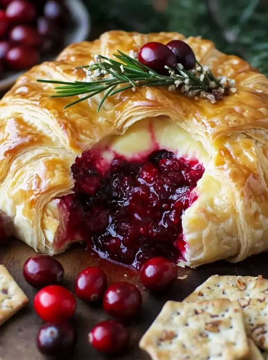 Festive Molten Brie en Croute with Cranberry Raspberry Lava