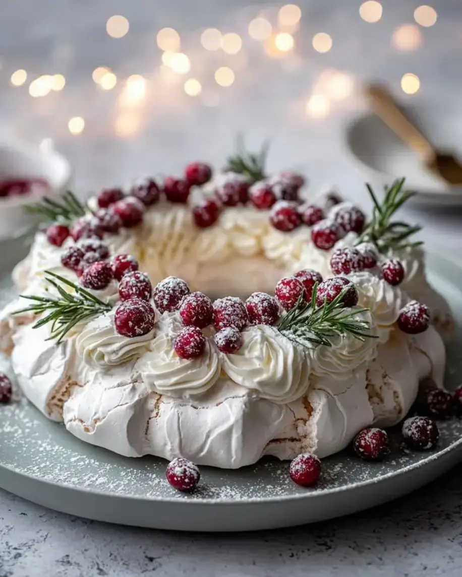 Vanilla Bean Pavlova Wreath with Cranberries Snowy Rosemary