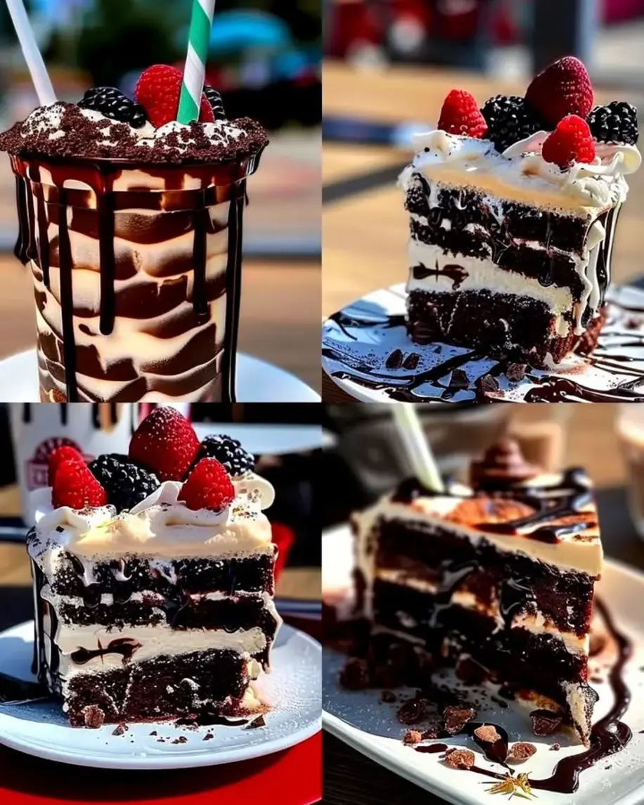 A slice of Black Forest cake and an ice cold frappe