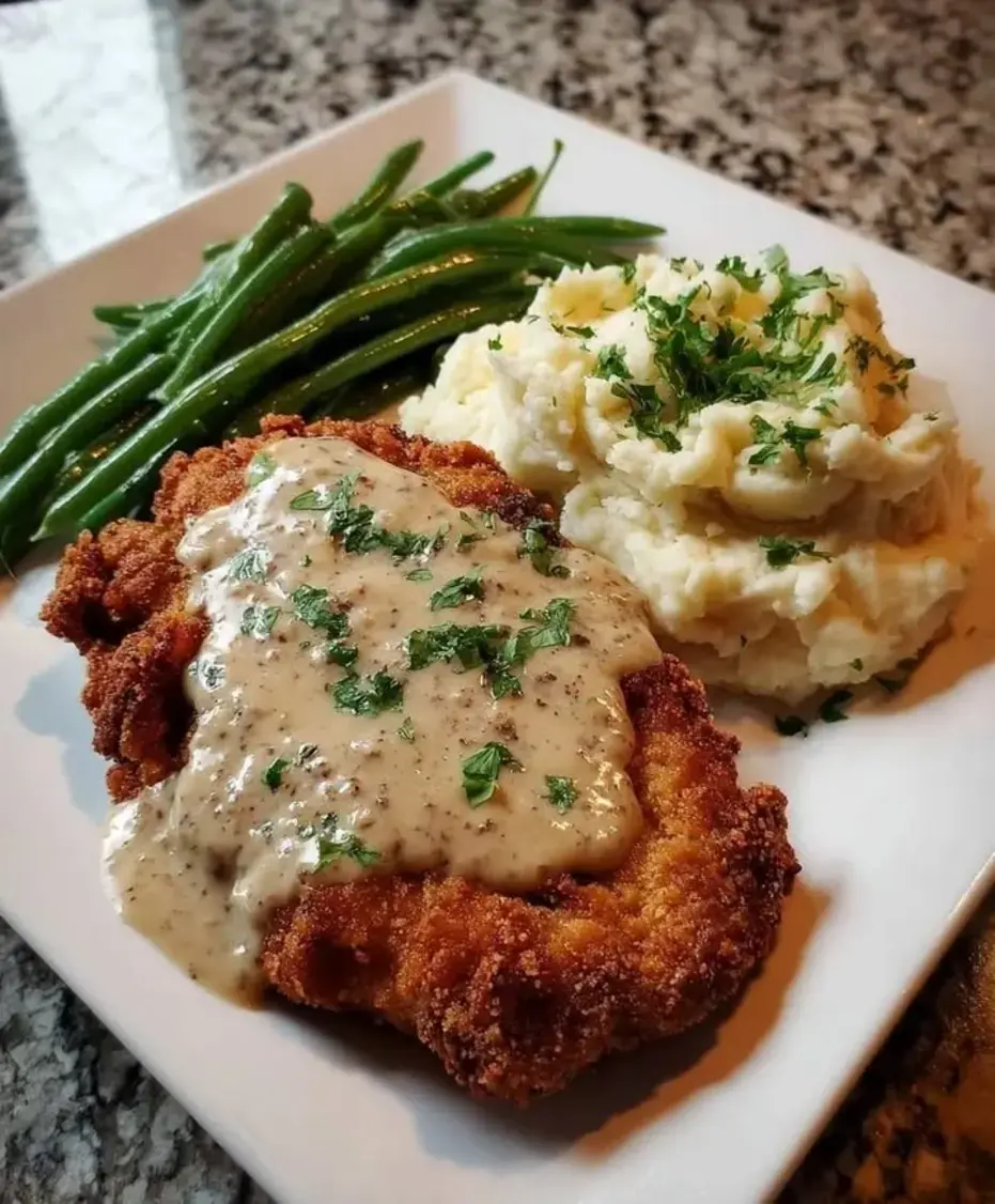 Southern Chicken Fried Steak with Country Gravy Mashed Potatoes Green Beans