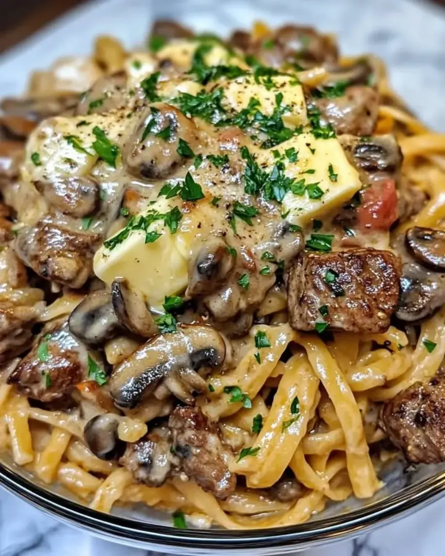 Cheesy Steak Bites Mushroom Garlic Linguine