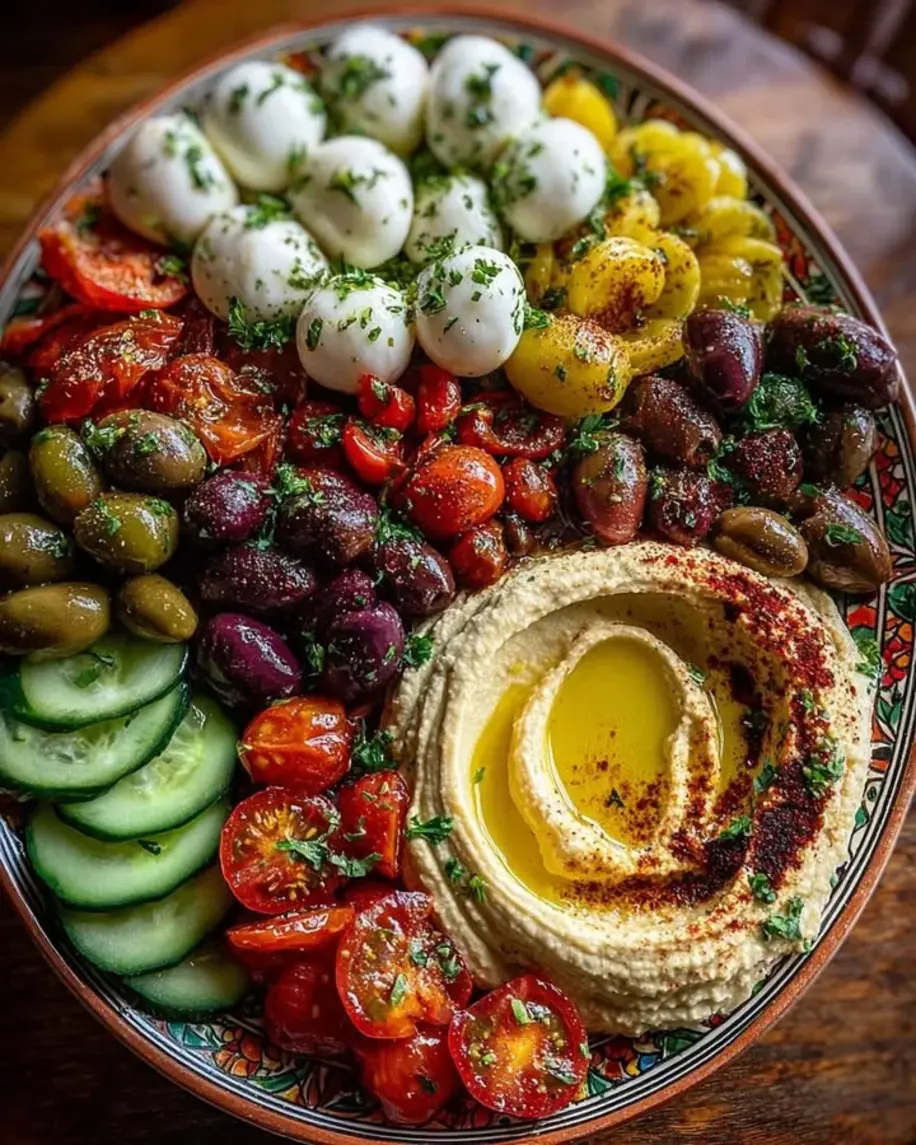 Mediterranean Mezze Platter with Hummus Olives Burrata
