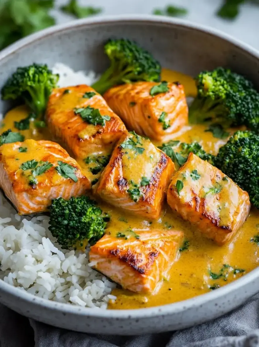 Creamy Coconut Curry Salmon with Tender Broccoli
