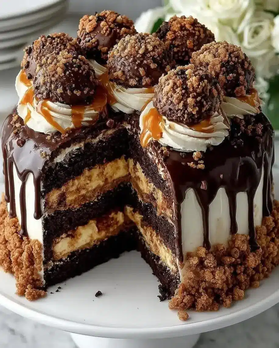 Salted Caramel Cookie Dough Brownie Bomb Cake Brownie cookie dough and salted caramel exploding in one insane dessert Tag someone brave enough to try this