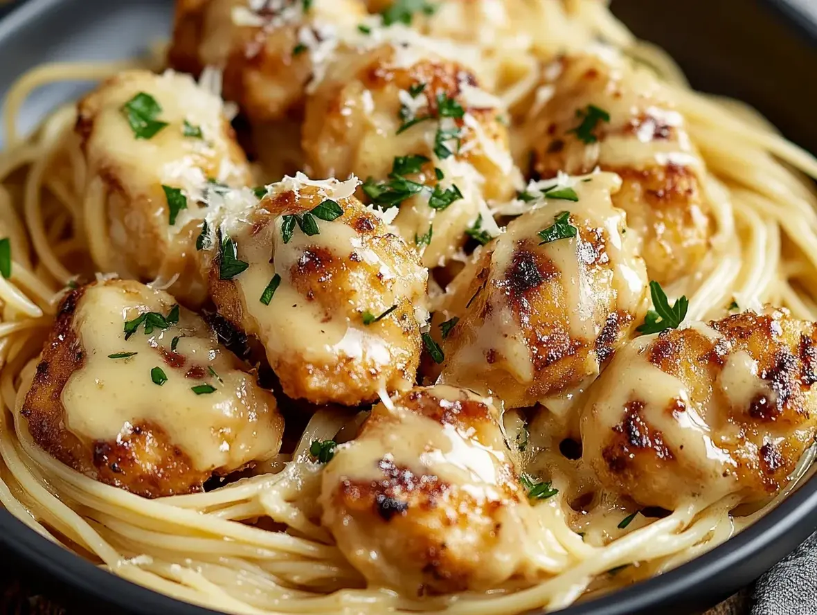 Creamy Parmesan Pasta with Garlic Butter Chicken Bites