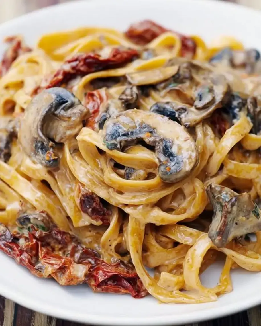 Sun Dried Tomato and Mushroom Pasta in Garlic Basil Sauce