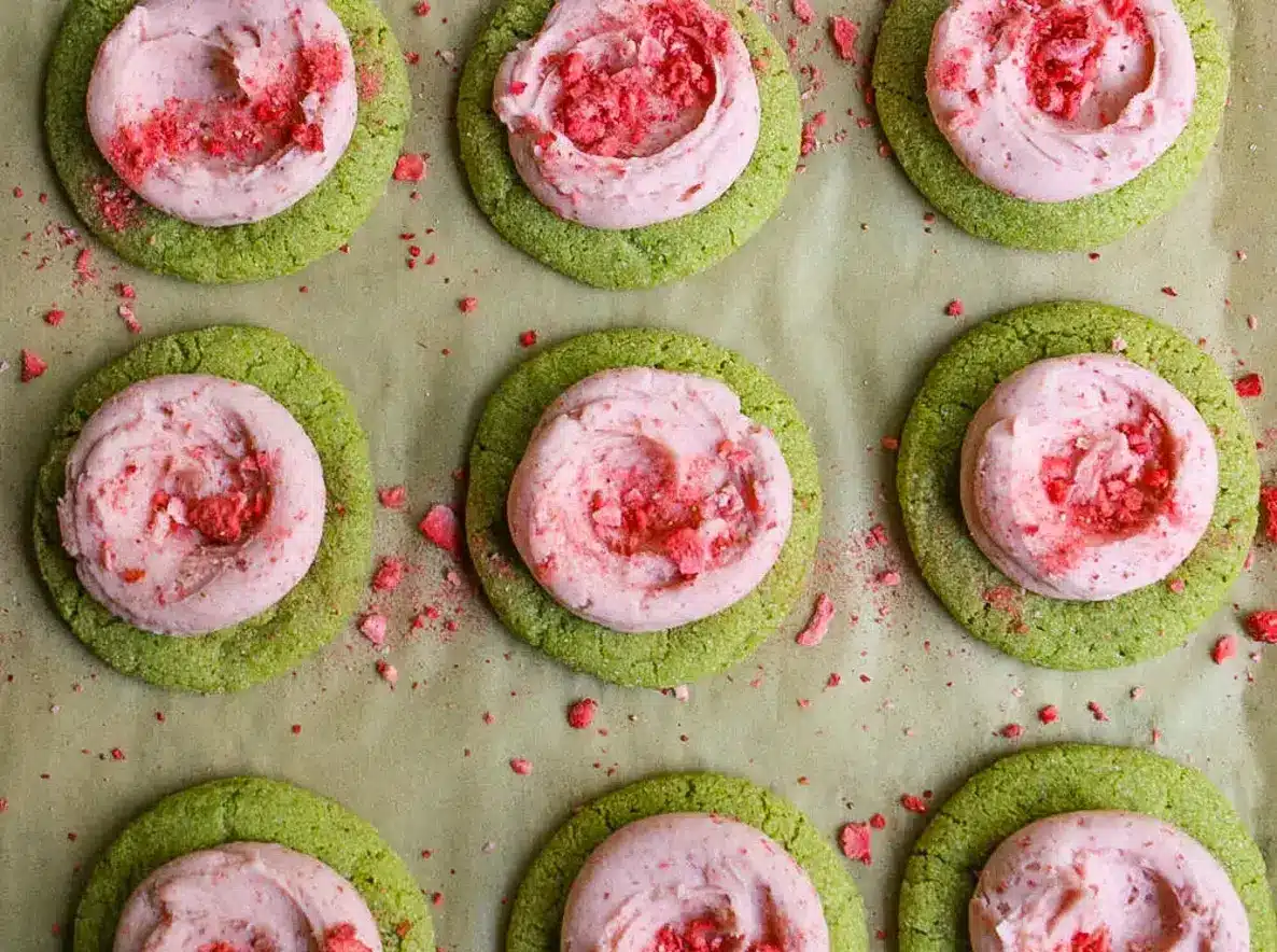 Strawberry Frosted Matcha Cookies