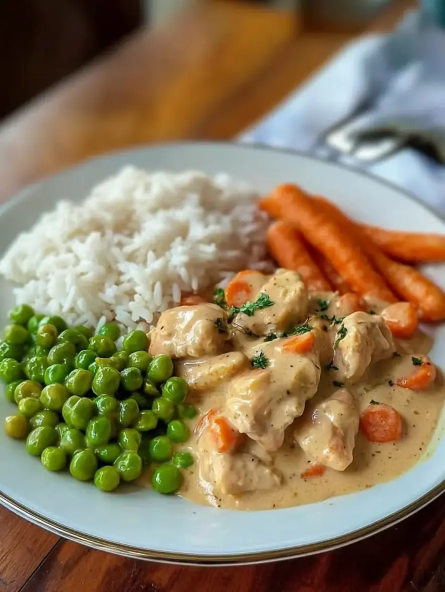 Creamy Chicken with Rice Buttered Peas and Carrots