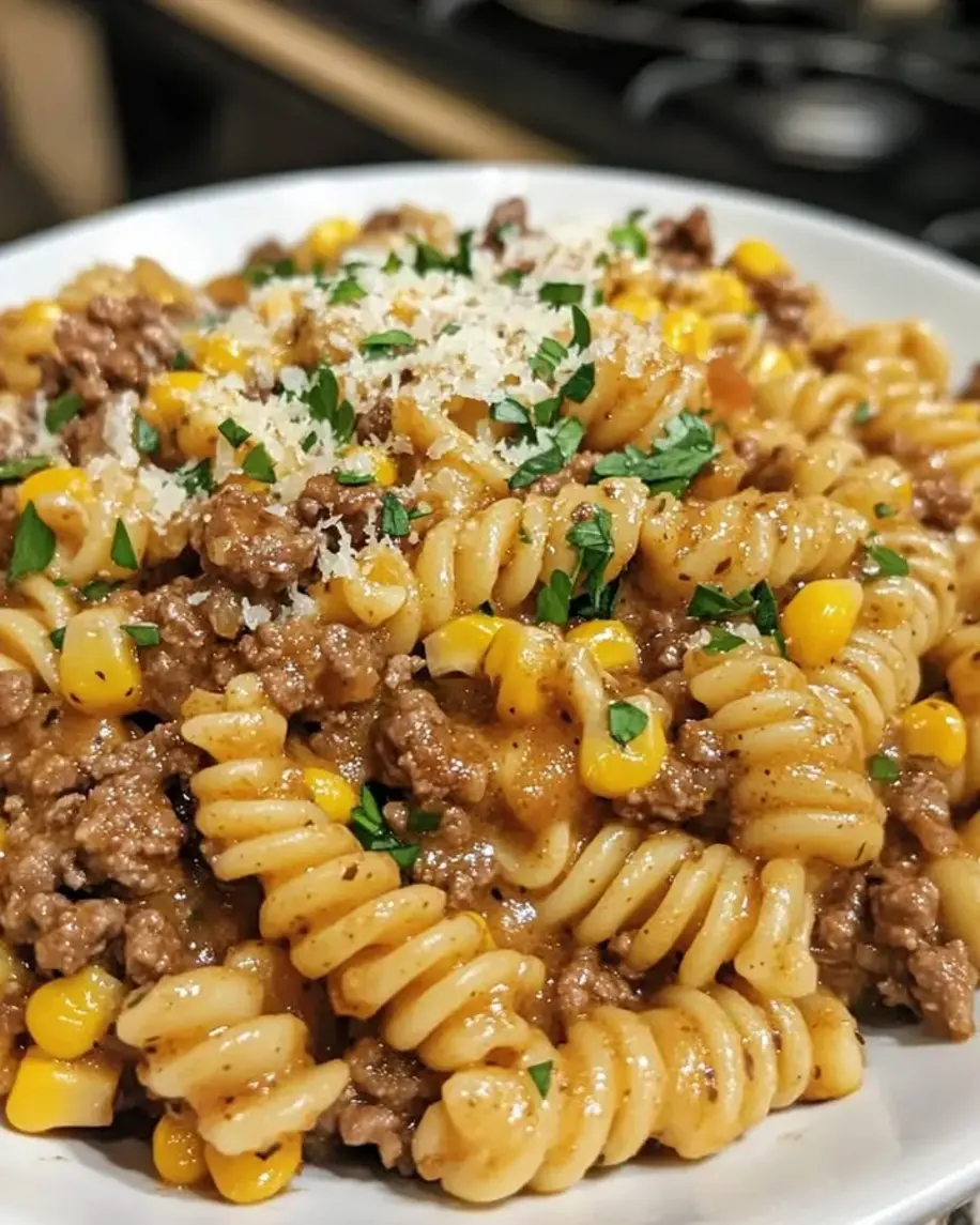 Creamy Garlic Parmesan Ranch Beef Corn Pasta Skillet
