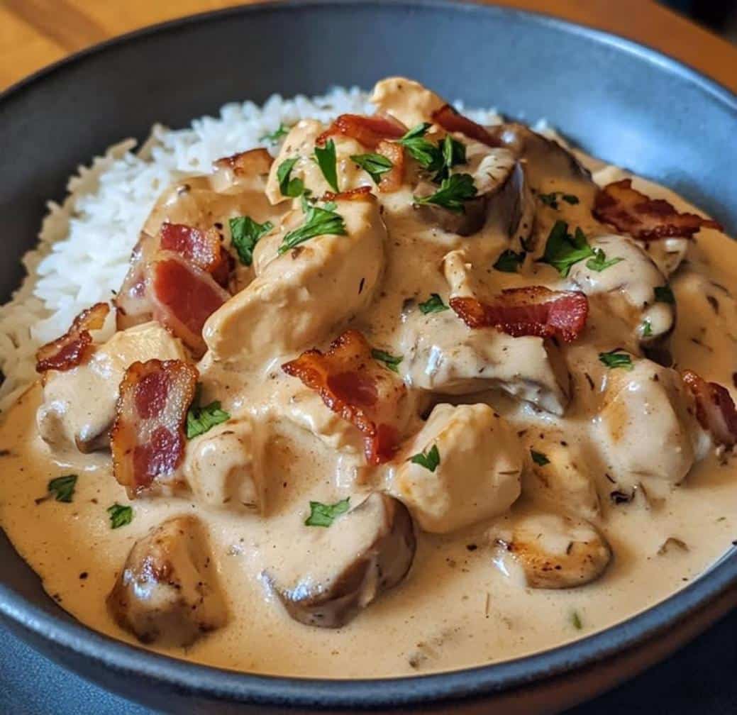 Creamy Chicken Stroganoff with Crispy Bacon over Rice